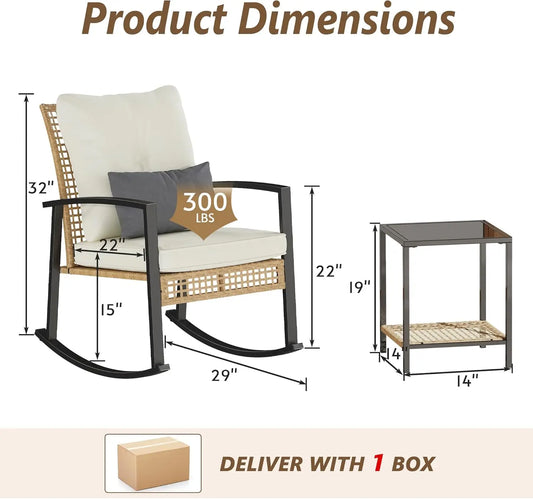 Set of 2 Outdoor Rocking Chair Bistro Set with Tempered Glass Coffee Table and Thick Lumbar Pillow