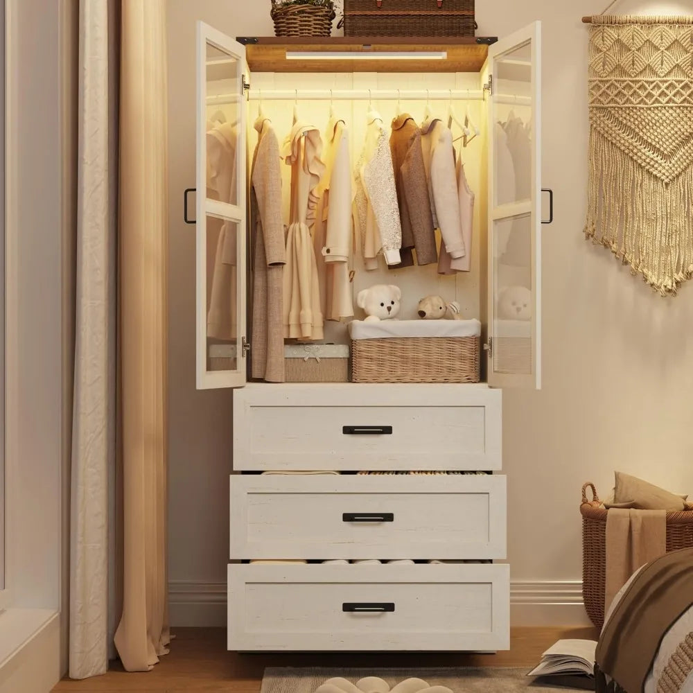 75" 2 Door Armoire Wardrobe Closet with 3 Drawers and LED
