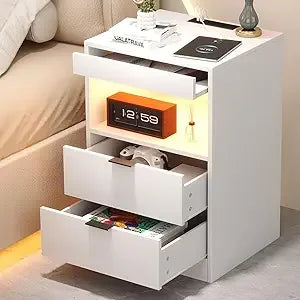 LED Side stand with Charging Station, with 2 Pull-out drawers and Pull-out Shelf