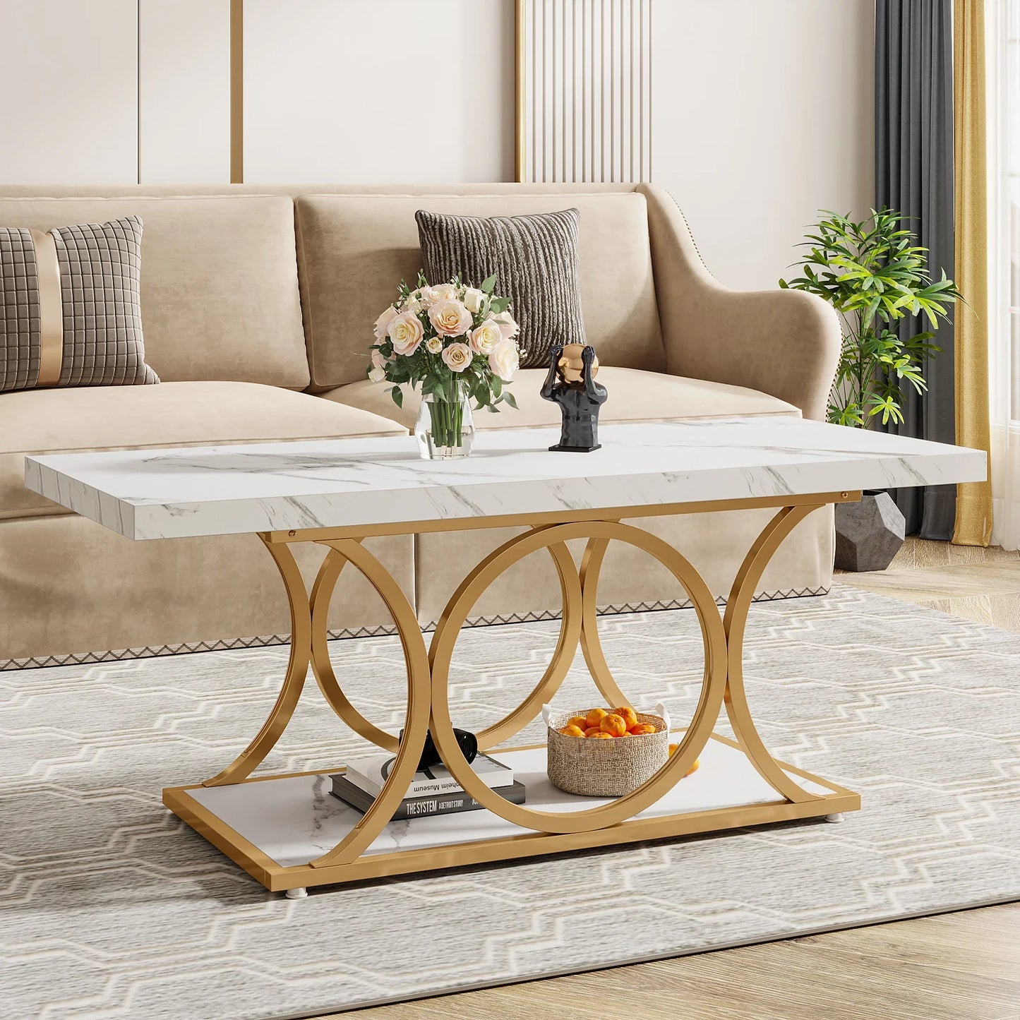 47.24-inch 2-tier Faux Marble Wood Coffee Table