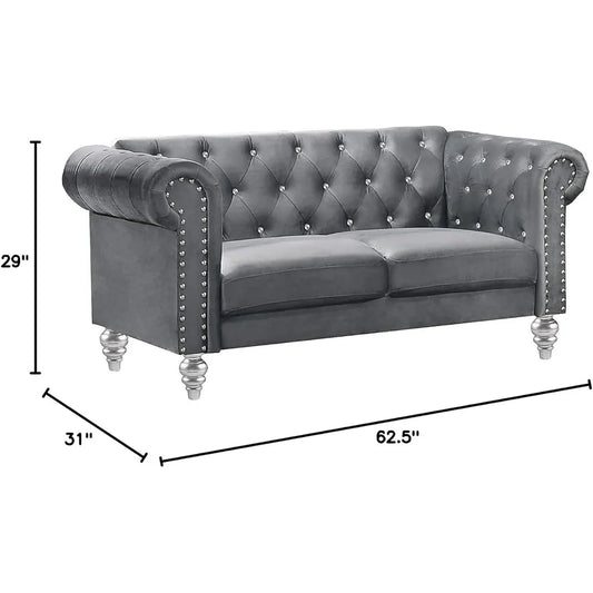 Glam Emma Velvet Two Seater Chesterfield Style Loveseat for Small Spaces with Crystal Button Tufts, Gray