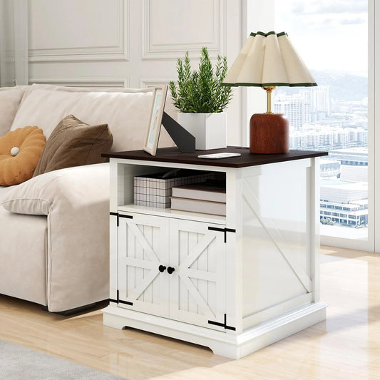 24" Farmhouse Style Side Table with Adjustable Storage Shelves and charging station