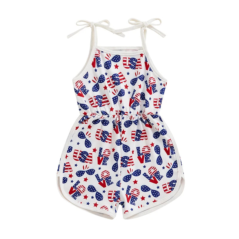 18MO-5T Girls Jumpsuit Tie-up Spaghetti Straps Stars Print Romper 4th of July