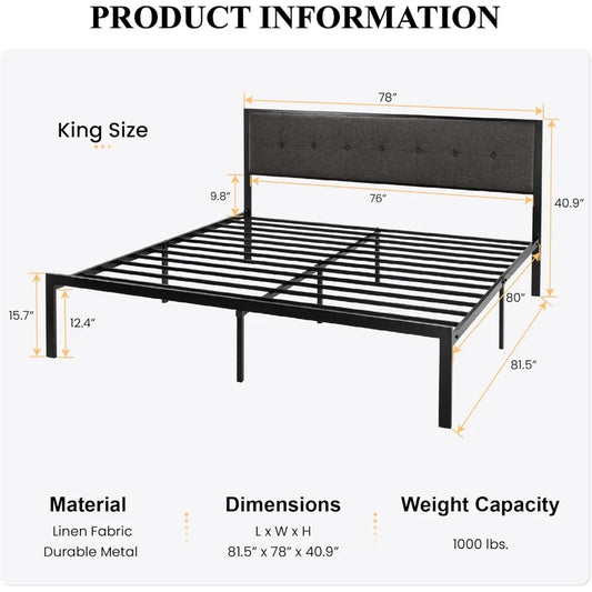 King Size Platform Bed Frame with Upholstered Headboard, Metal Slats Support, Noise Free