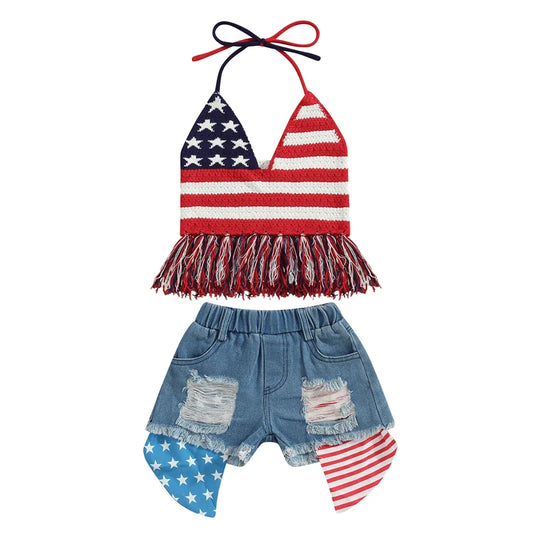 2Pc 2T-6T Toddler Girl  Independence Day Summer Set, Knit Vest Top Denim Shorts