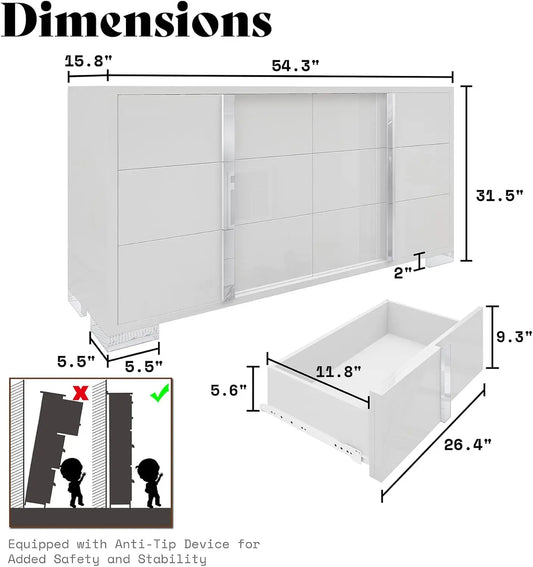 54" Wide High Gloss Dresser with 6 Drawers, Silver Grooved Handle, Contemporary Storage Chest