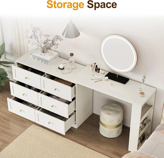 76" L Extendable Big Makeup Vainty with 6 Drawer Dresser and 3 Side Shelves