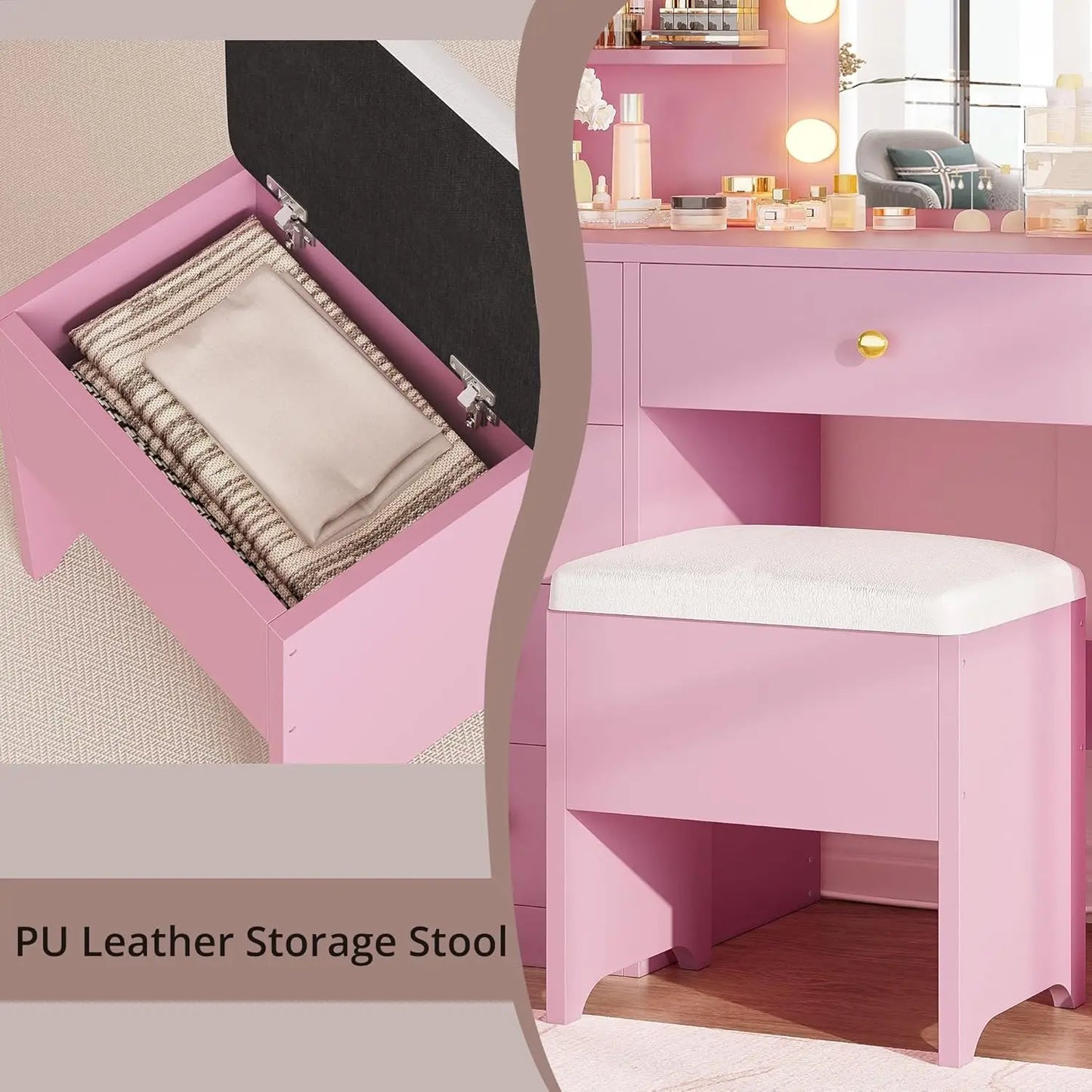 Vanity/Desk with Mirror and Lights with 5 Drawers