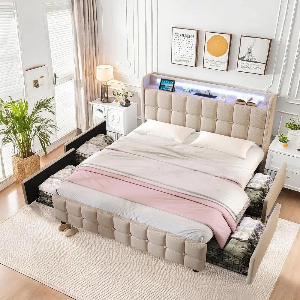Multiple Color LED Bed Frame with Charging Station, Featuring 2-Tier Headboard, 4 Storage drawers