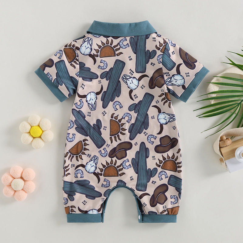 0-18 mo Infant Baby Boys Jumpsuit, Casual Head Print, Short Sleeve Romper