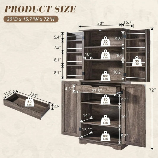 72" Farmhouse Kitchen Pantry Cabinet with Door Organizer & Adjustable Shelves