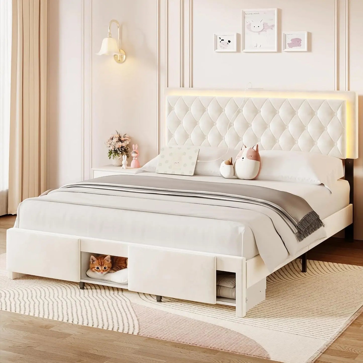 Queen Size Bed Frame with Storage, LED, Adjustable Headboard, Upholstered Velvet