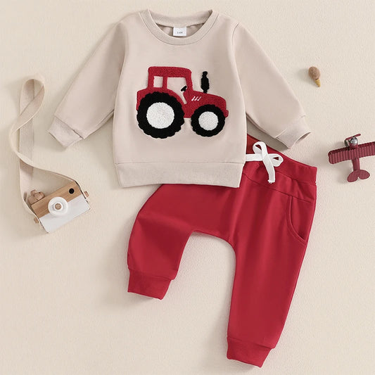 3-36 MO Boy Outfit, Tractor Embroidery Long Sleeve Sweatshirt with Solid Long Pants