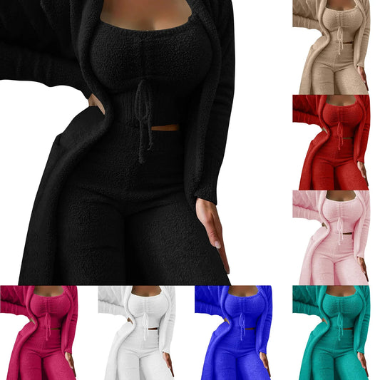 Women'S Fleece 3 Pc Loungewear, Spaghetti Strap Crop Tank, Wide Long Pants, Fuzzy Kimono ,