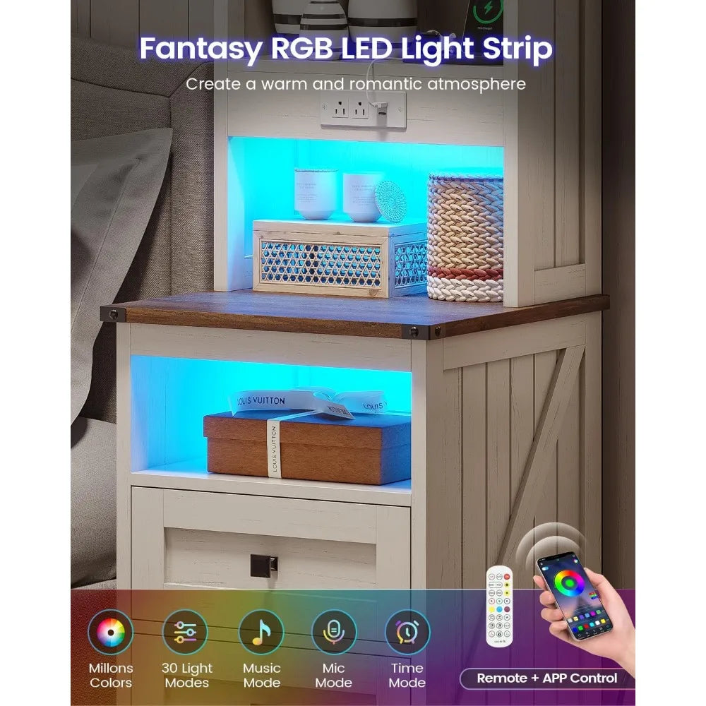 Tall Nightstand with Charging Station and 2 Drawers, LED with Bookshelf