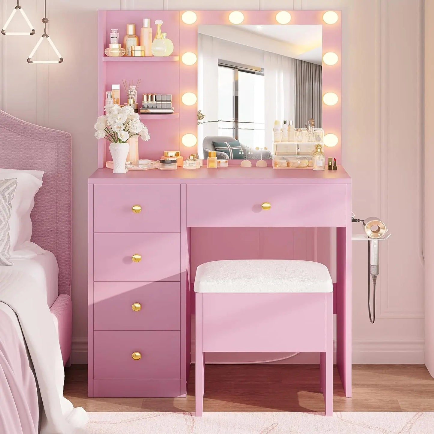 Vanity/Desk with Mirror and Lights with 5 Drawers