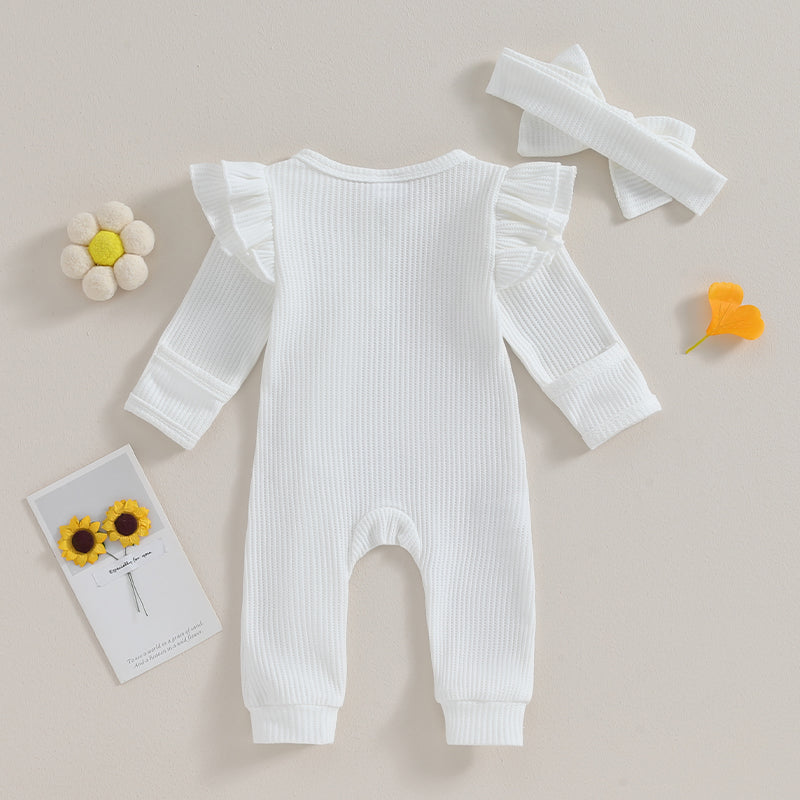 0-12M Baby Girl Ruffle Zipper Romper, Long Sleeve Jumpsuit