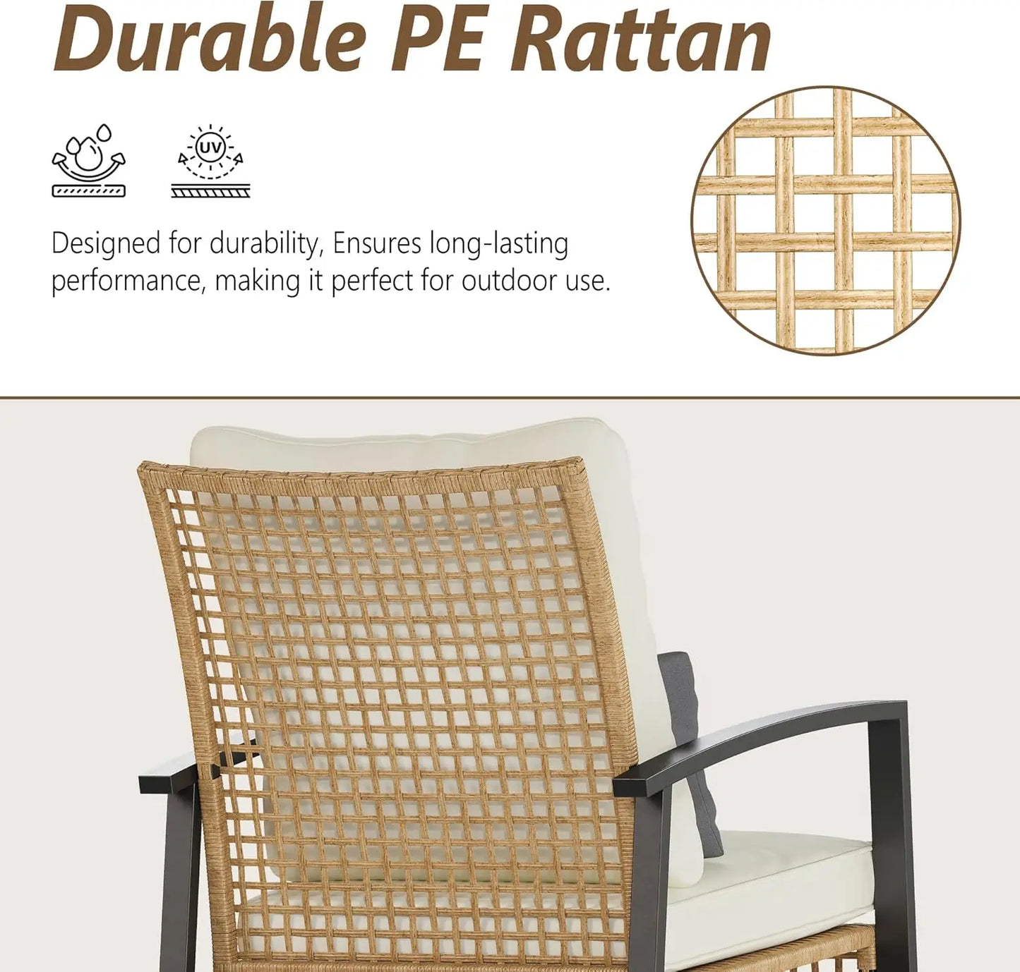 Set of 2 Outdoor Rocking Chair Bistro Set with Tempered Glass Coffee Table and Thick Lumbar Pillow