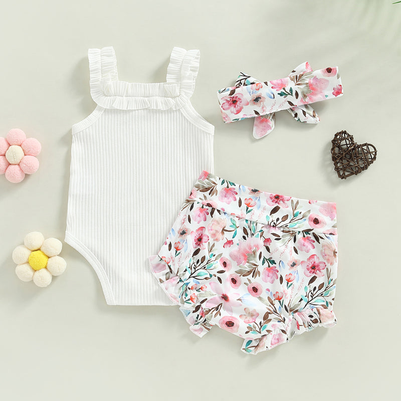 3-18M Baby Girls Shorts Set, Sleeveless Romper, Flower/Rainbow/Print Shorts, Hairband