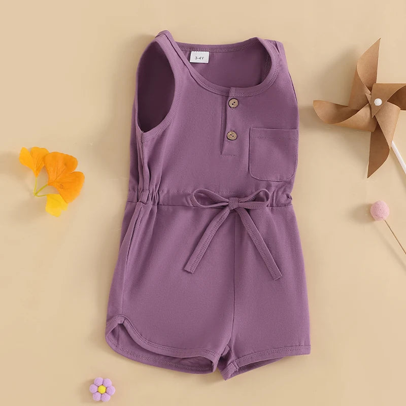 Little Girls Summer Casual Jumpsuit, Sleeveless, Crewneck, Solid Color Drawstring Tank Romper