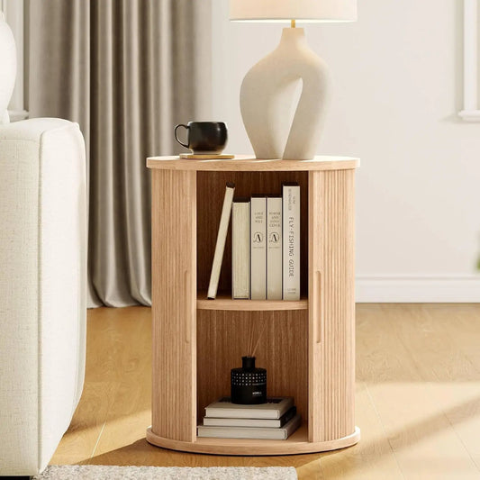 Tall Side Table with Sliding Tambour Door and Storage Shelf
