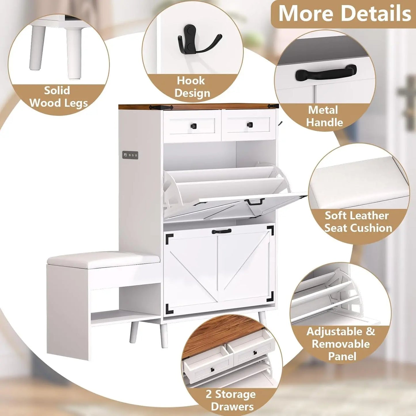 Shoe Storage Cabinet with Bench and Deodorizing Function with 2 Flip Drawers
