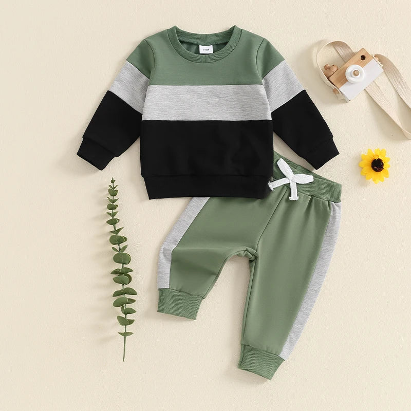 3-24 MO & 3T Boy Pants Set, Long Sleeve, Round Neck Sweatshirt. Drawstring Long Pants Contrast Color Outfits