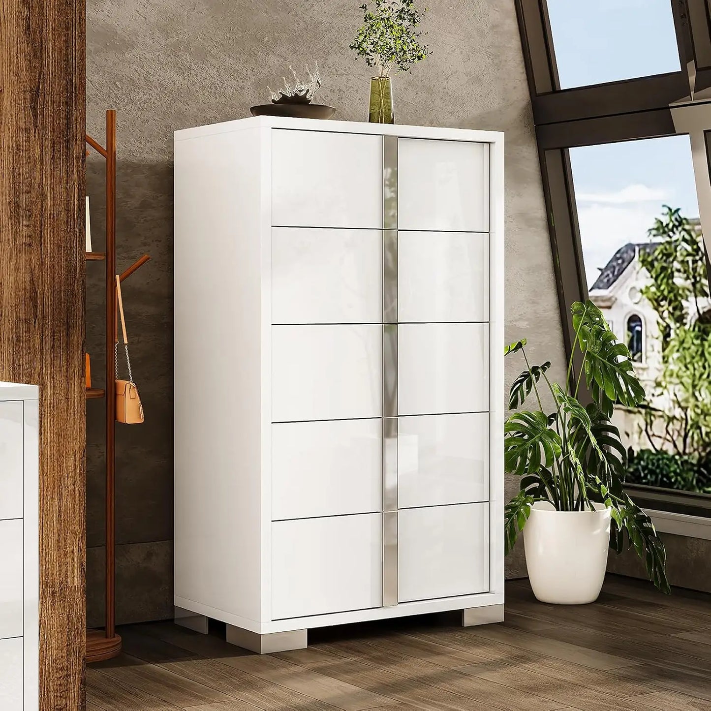 54" Wide High Gloss Dresser with 6 Drawers, Silver Grooved Handle, Contemporary Storage Chest