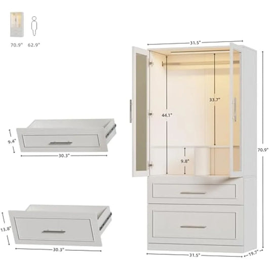 71" 2 Doors Armoire Wardrobe Closet with 2 Drawers and LED