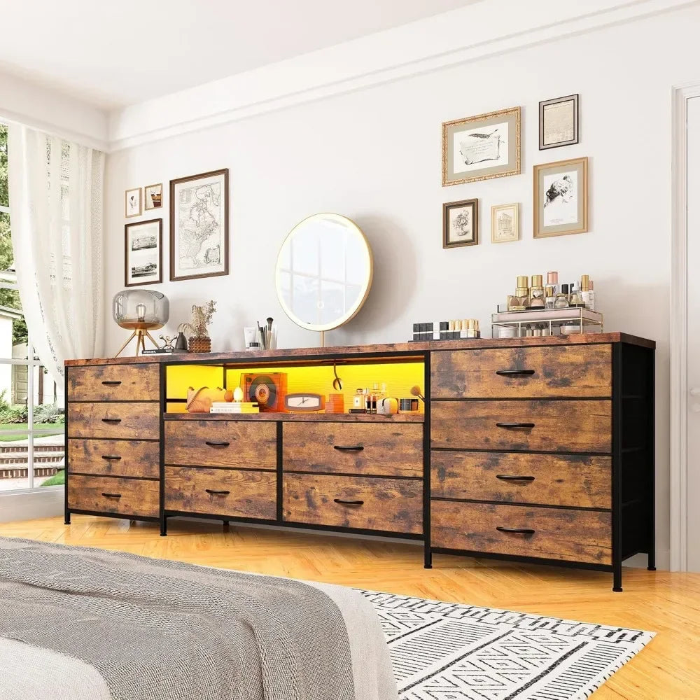 63" W Dresser/TV Stand LED Lights & Power Outlets & 12 Drawers Dresser