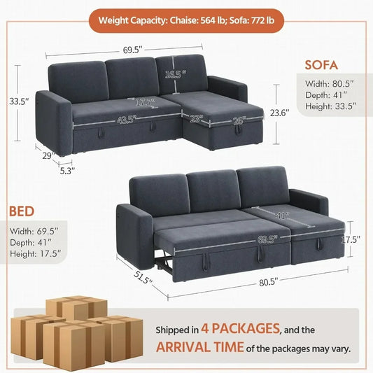 Reversible Couch Sleeper w/Pull Out Bed , USB & Storage Space