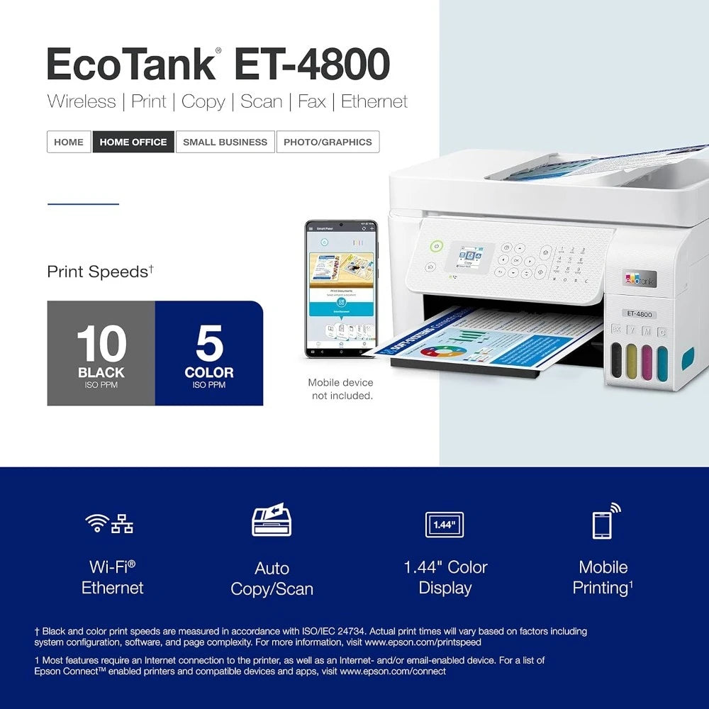EcoTank ET-4800 Wireless All-in-One Cartridge-Free Supertank Printer with Scanner, Copier, Fax,