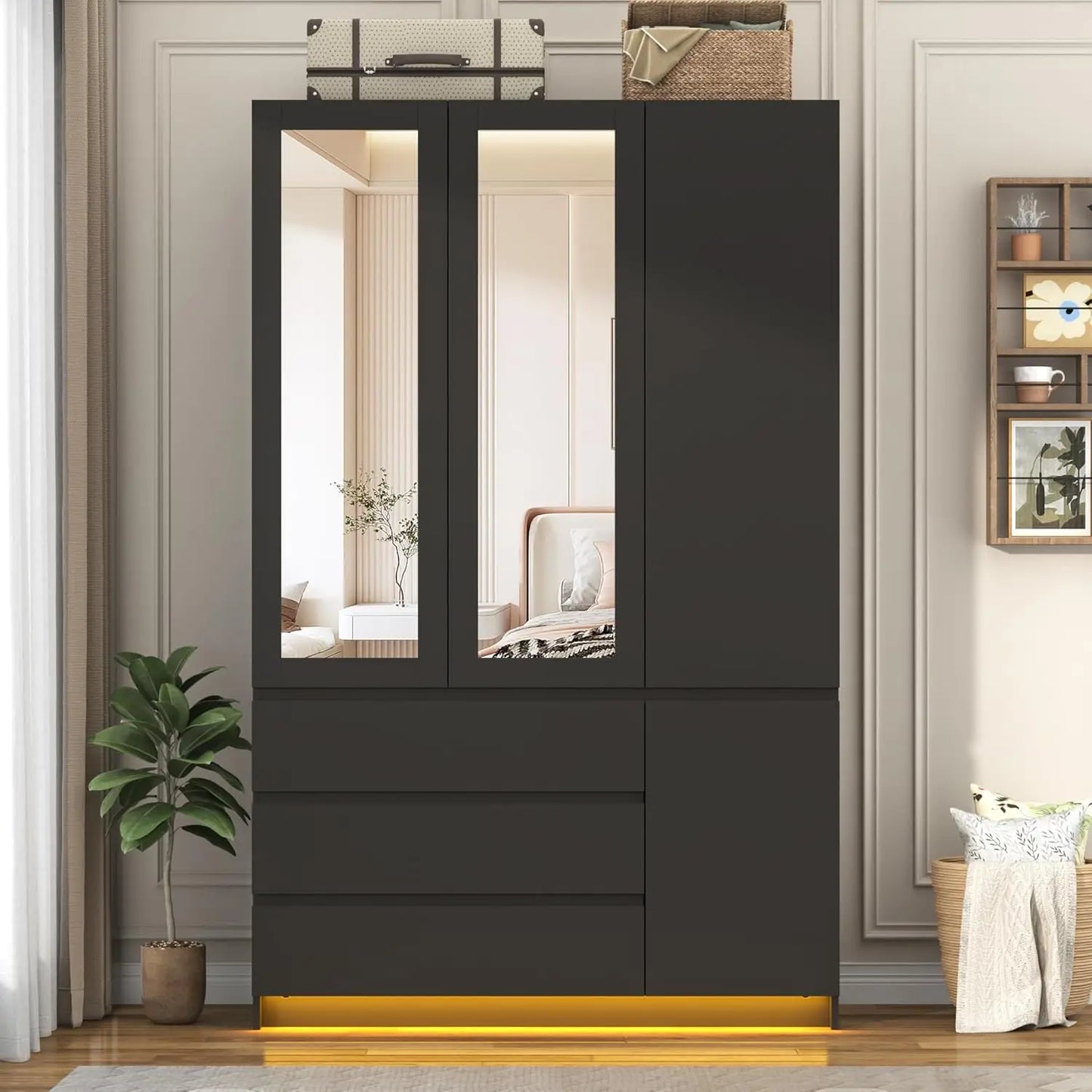 3 Door Armoire Wardrobe with 3 Drawers & Mirror, Hanging Rod, LED Lights