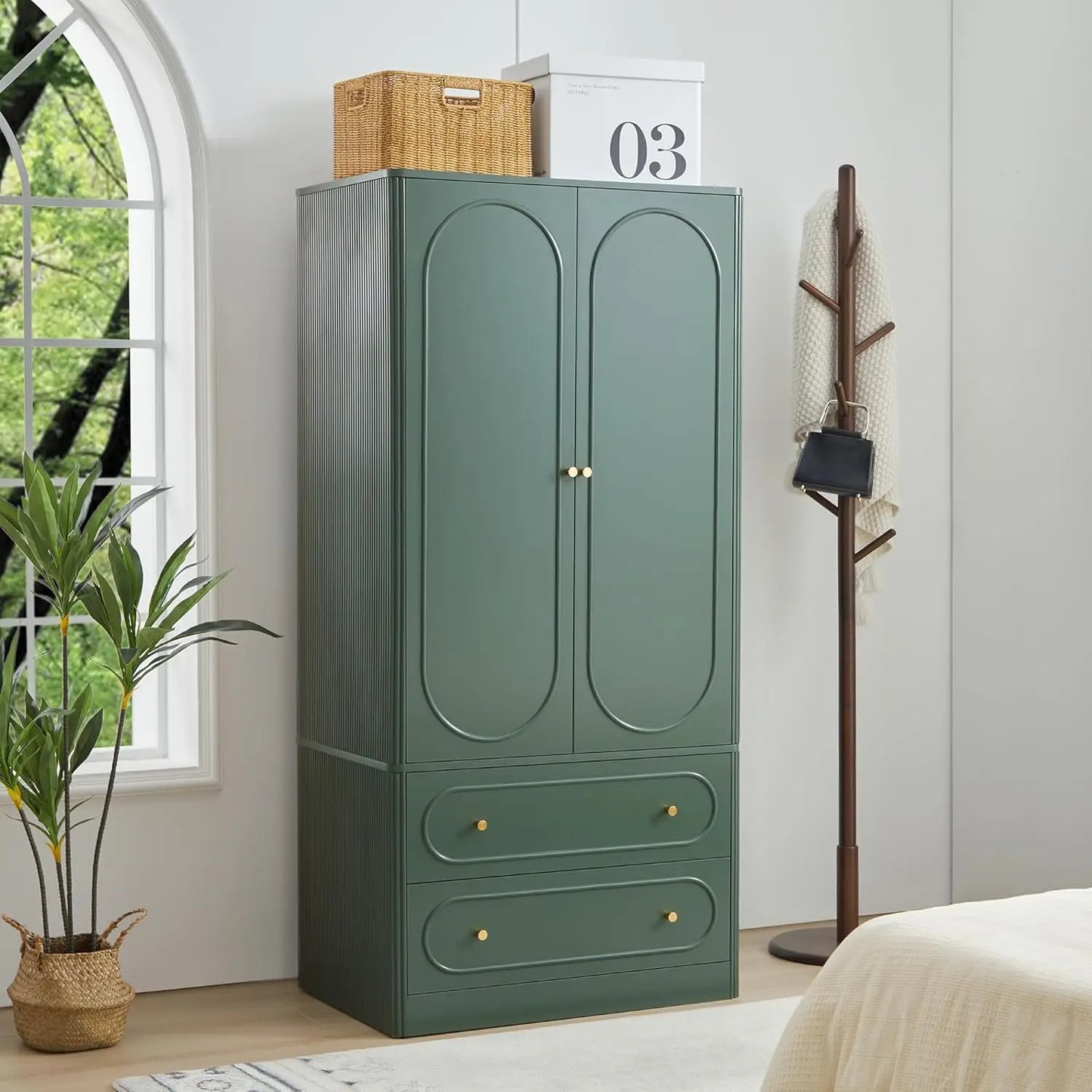 Freestanding Armoire Closet with 2 Doors and 2 Storage Drawers