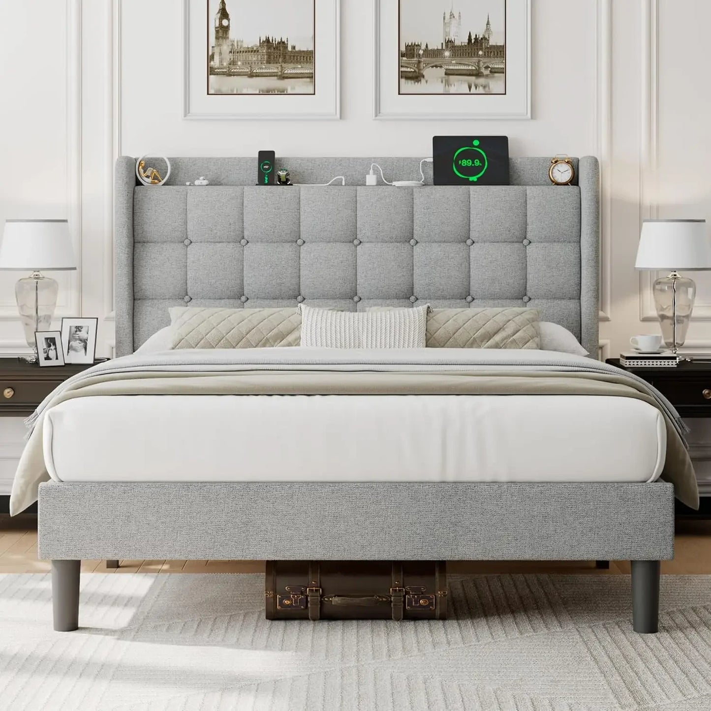 Queen Upholstered Bed Frame w/Charging & Storage, No Box Spring Needed