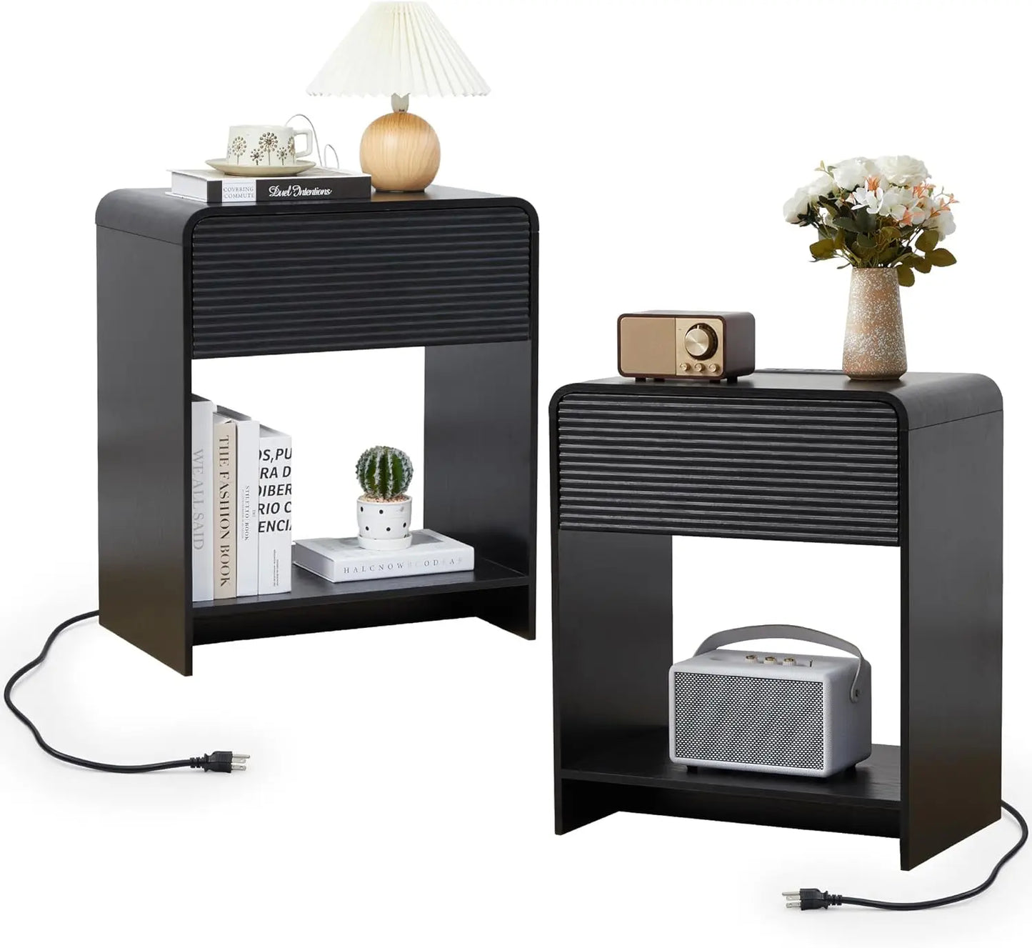 Set of 2, Nightstands with Charging Station, Drawer Storage