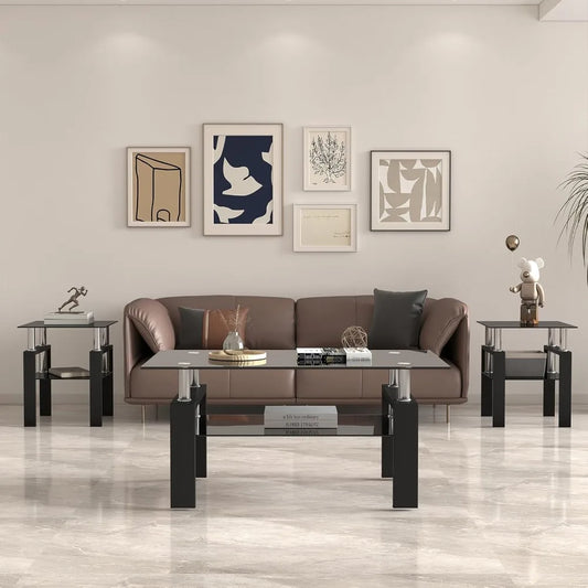 3 Piece Black Glass Table Set, Including 1 Coffee Table and 2 End Side Tables