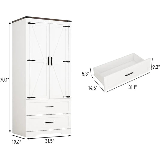 Armoire Closet with Doors and Drawers, with Shelves & Hanging Rod for Clothing