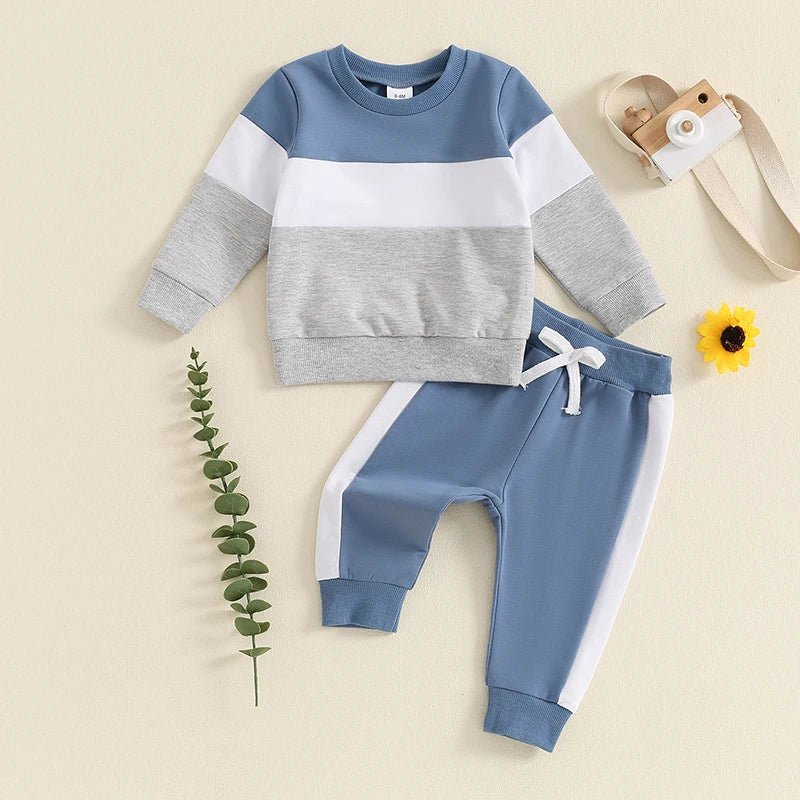 3-24 MO & 3T Boy Pants Set, Long Sleeve, Round Neck Sweatshirt. Drawstring Long Pants Contrast Color Outfits