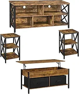 4 Pieces Table Sets - Includes TV Stand with Storage for 65 in TV, Lift-top Coffee Table with Baskets, Set Side Tables