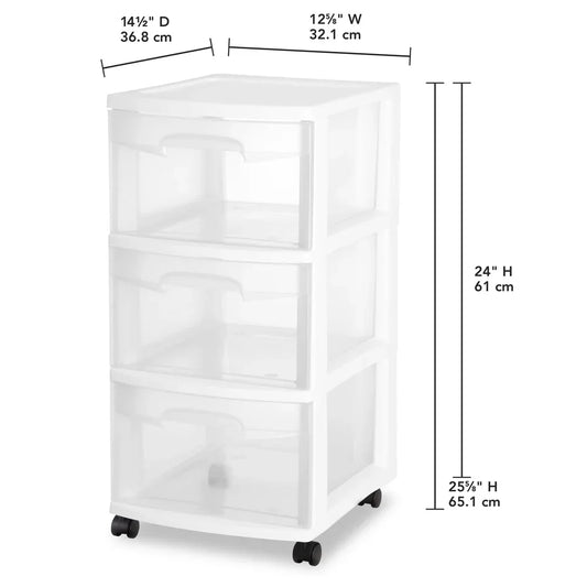 3 Drawer Plastic Storage Cart Rolling Organizer Multi-purpose Clear Bins