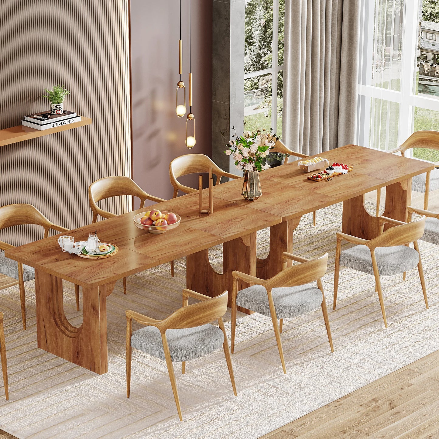 71" Large Kitchen Dining Table with Wood Pedestal Base, Seats 6-8