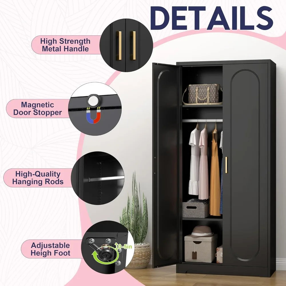 71'' Wardrobe Cabinet w/Doors & Hanging Rod, Metal Closet with 2 Adjustable Shelves