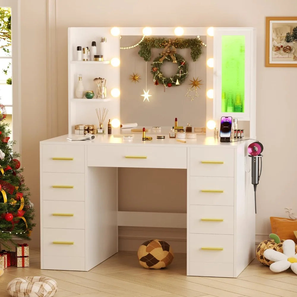Large 43" Vanity/Desk with Mirror and Lights, 9 Drawers and Power Outlet, 3 Open Shelves and 1 RGB