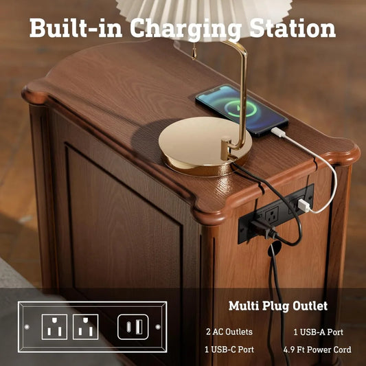 Set of 2 Nightstands w/Charging Station & 3 Drawers,Rustic Wood Finish, and Turned Legs