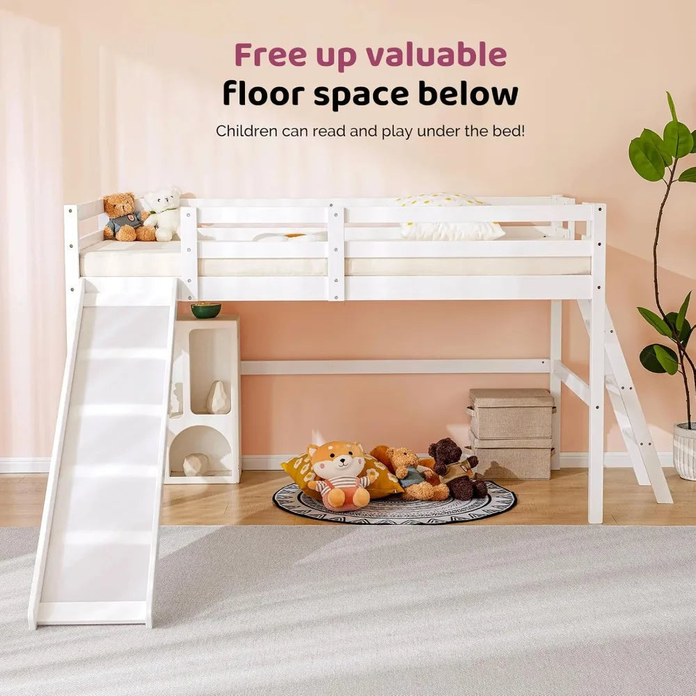 Space Saving Kids Low Loft Bed with Guardrail and Ladder, Pine Wood and Sturdy Bed Frame