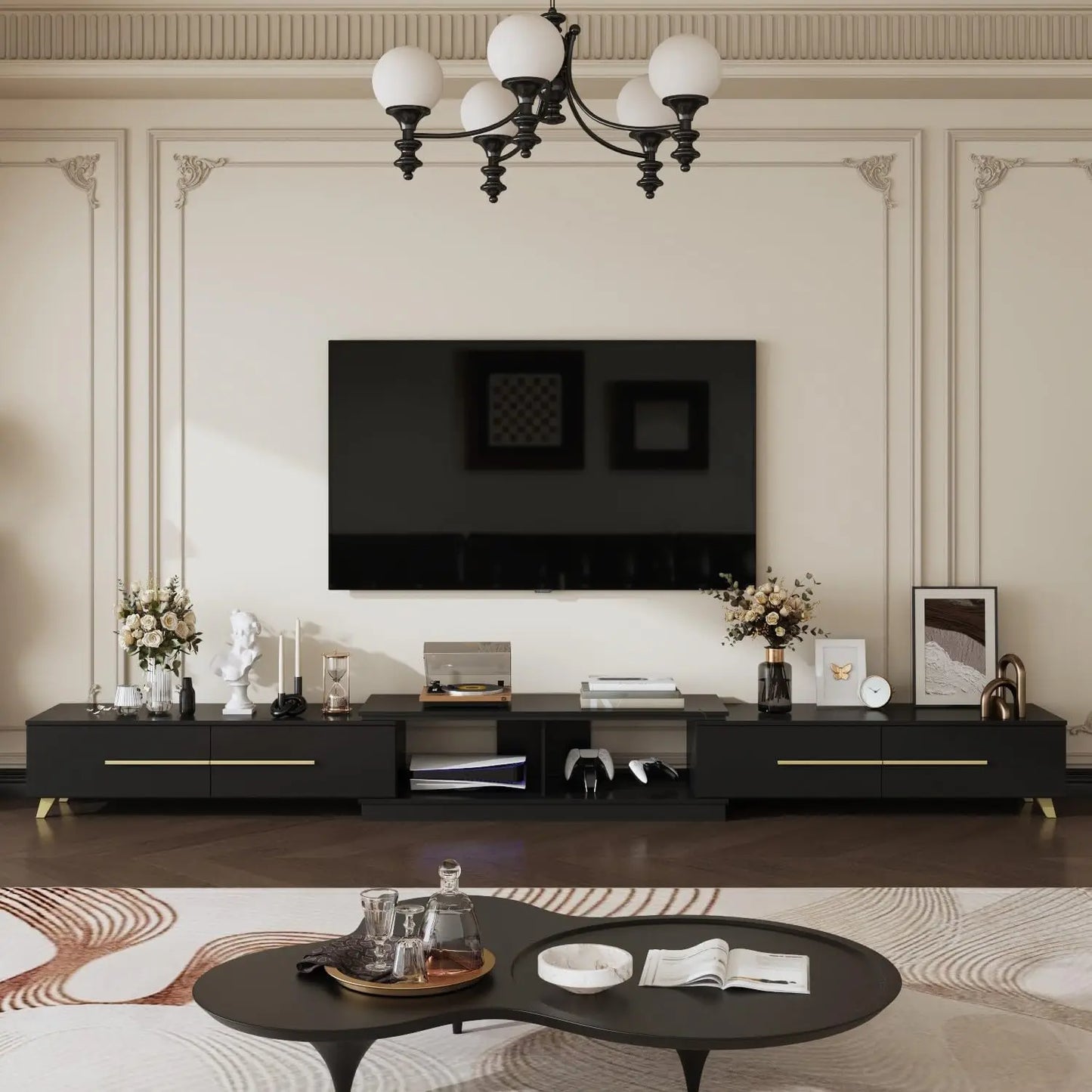 Extendable Media Console, Adjustable Length with Drawers and Legs