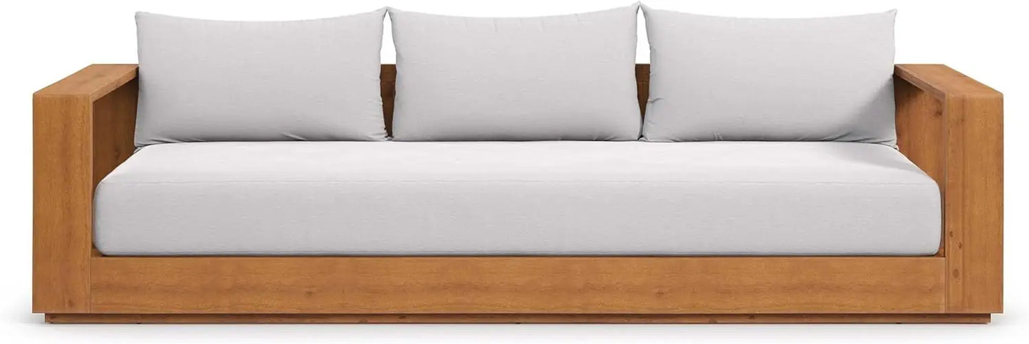 Acacia Wood Outdoor Patio Sofa in Natural Light Gray Weather-Resistant Cushions