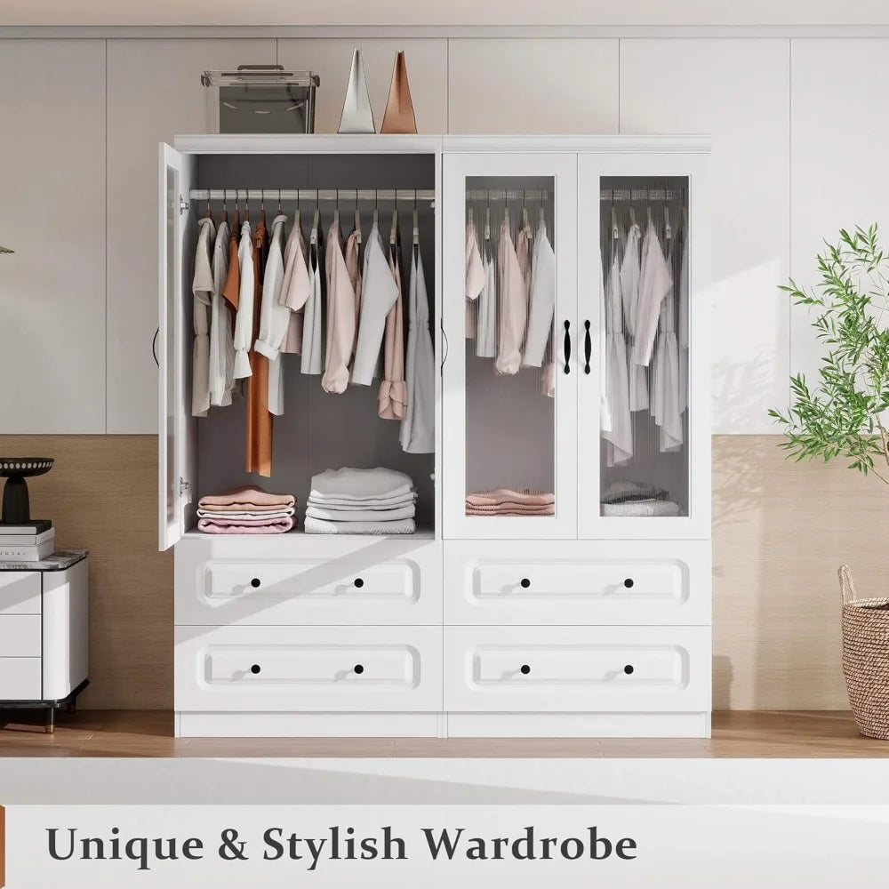 2 Acrylic Doors Wooden Armoires with Hanging Rod, 2 Large Drawers