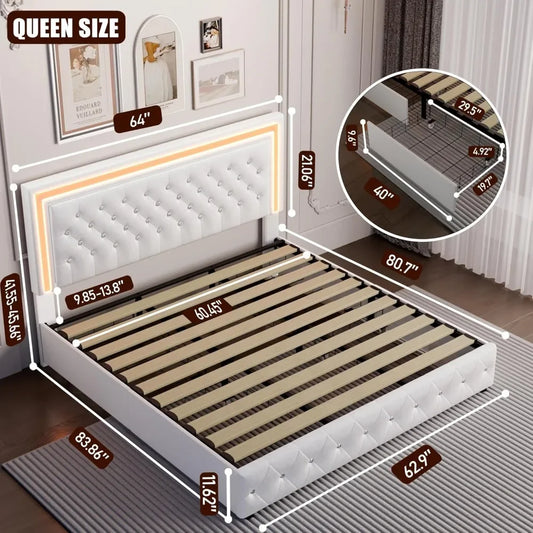 LED Upholstered Bed Frame with 4 Drawers | Adjustable Diamond Headboard • Wooden Slats • No Box Spring needed